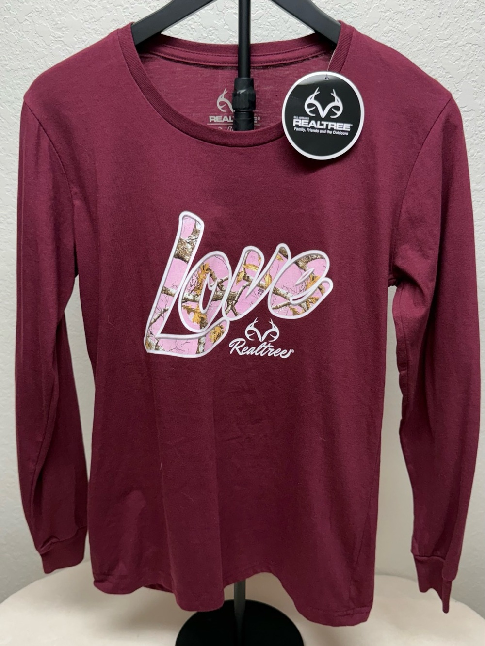 Realtree Long Sleeve Tee with Pink Camo 'Love' Graphic - Burgundy